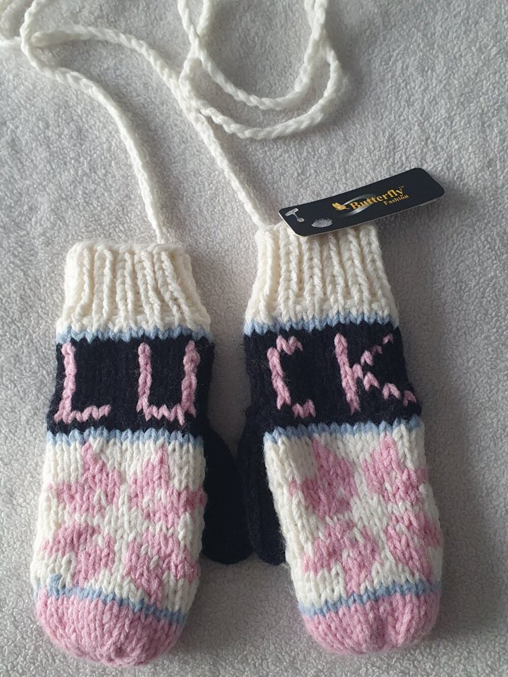 Butterfly Fashion Knit String Mittens | White Pink Lucky Graphic Mitts NWT